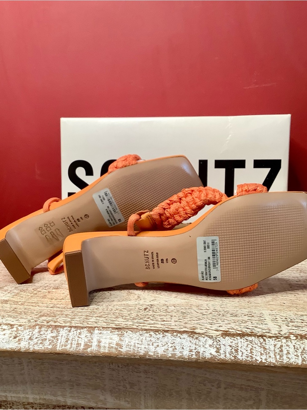 SCHUTZ NIB Blair Orange Leather Braided Strap Ankle Tie 2 1/2” Thin Block Heel - Picture 12 of 15